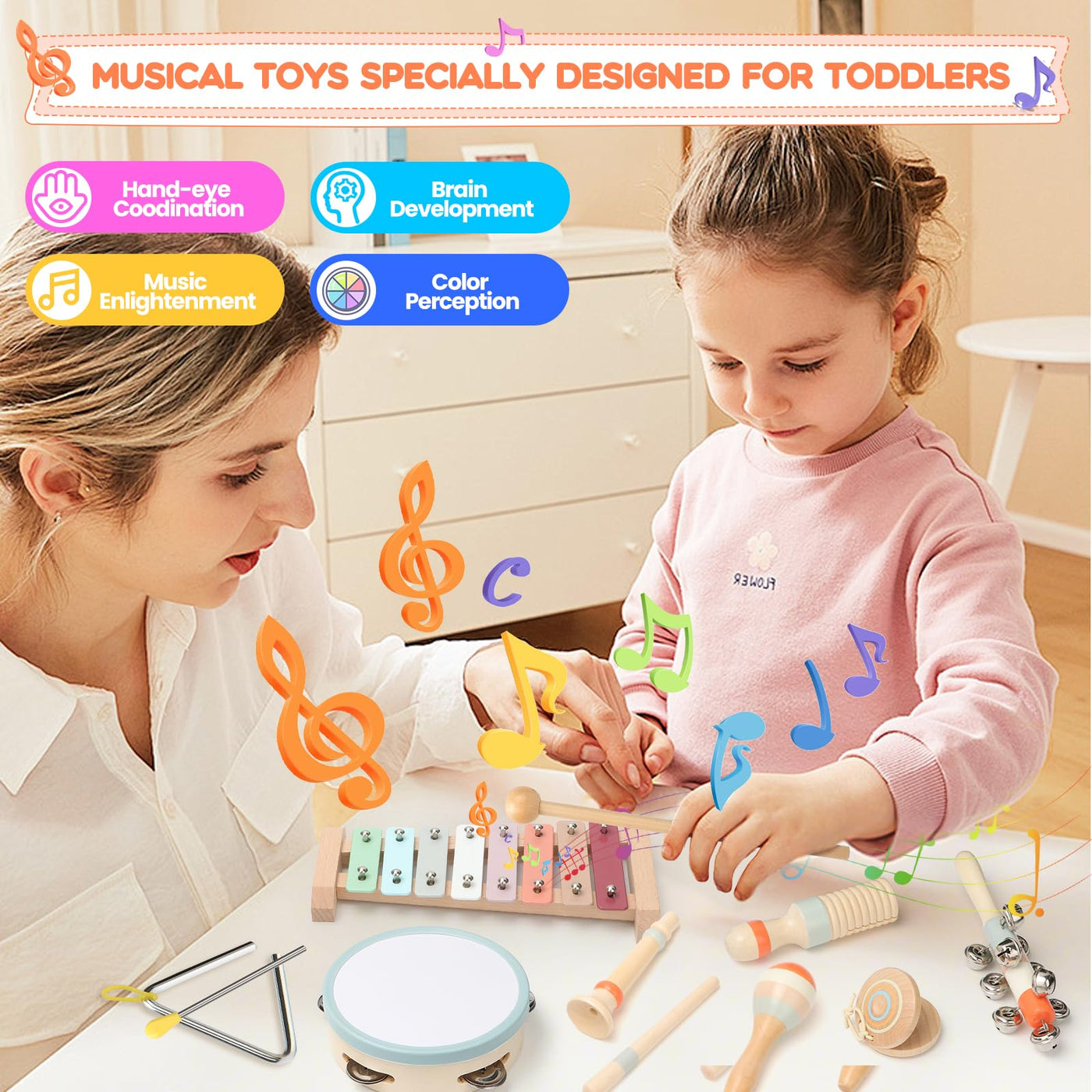 Musikinstrumente für Kinder, Kinderspielzeug ab 3 Jahre, Montessori Spielzeug, Holzspielzeug Baby Schlagzeug Kinder Trommel, Percussion-Instrumente Set, Geschenkideen für Jungen Mädchen 3+(9 in 1)