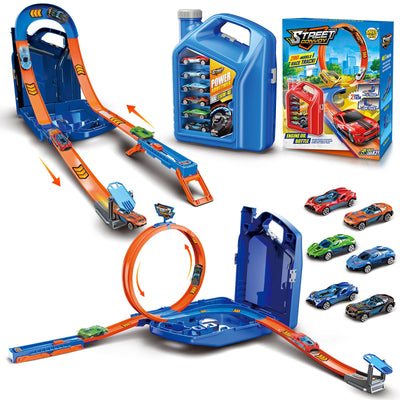 Charmofun Autorennbahn für Kinder, Rennstrecke Auto Spielzeug mit 6 Autos, Aufbewahrungsbox, Auto Rennbahn Mit Looping und U Track, Portable Spielzeug autorennbahn für Kinder ab 3 Jahre (Blau)