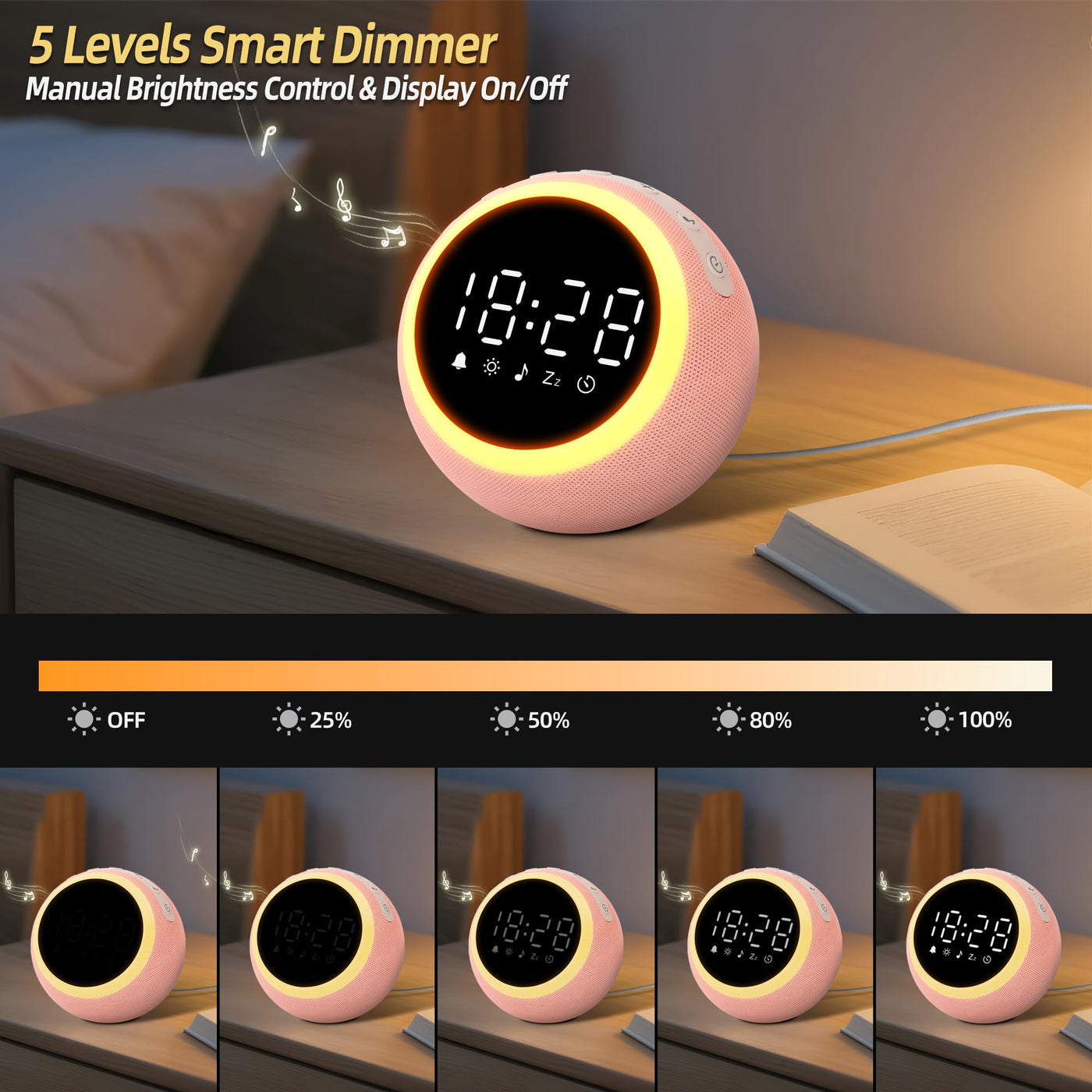 Smart Digital Wecker mit 25 Entspannungstönen, Nachtlicht, Schlummertaste, Timer & Einstellbarer Lautstärke/Helligkeit - Weißes Rauschen Schlafhilfe für Kinder, Mädchen, Erwachsene im Schlafzimmer