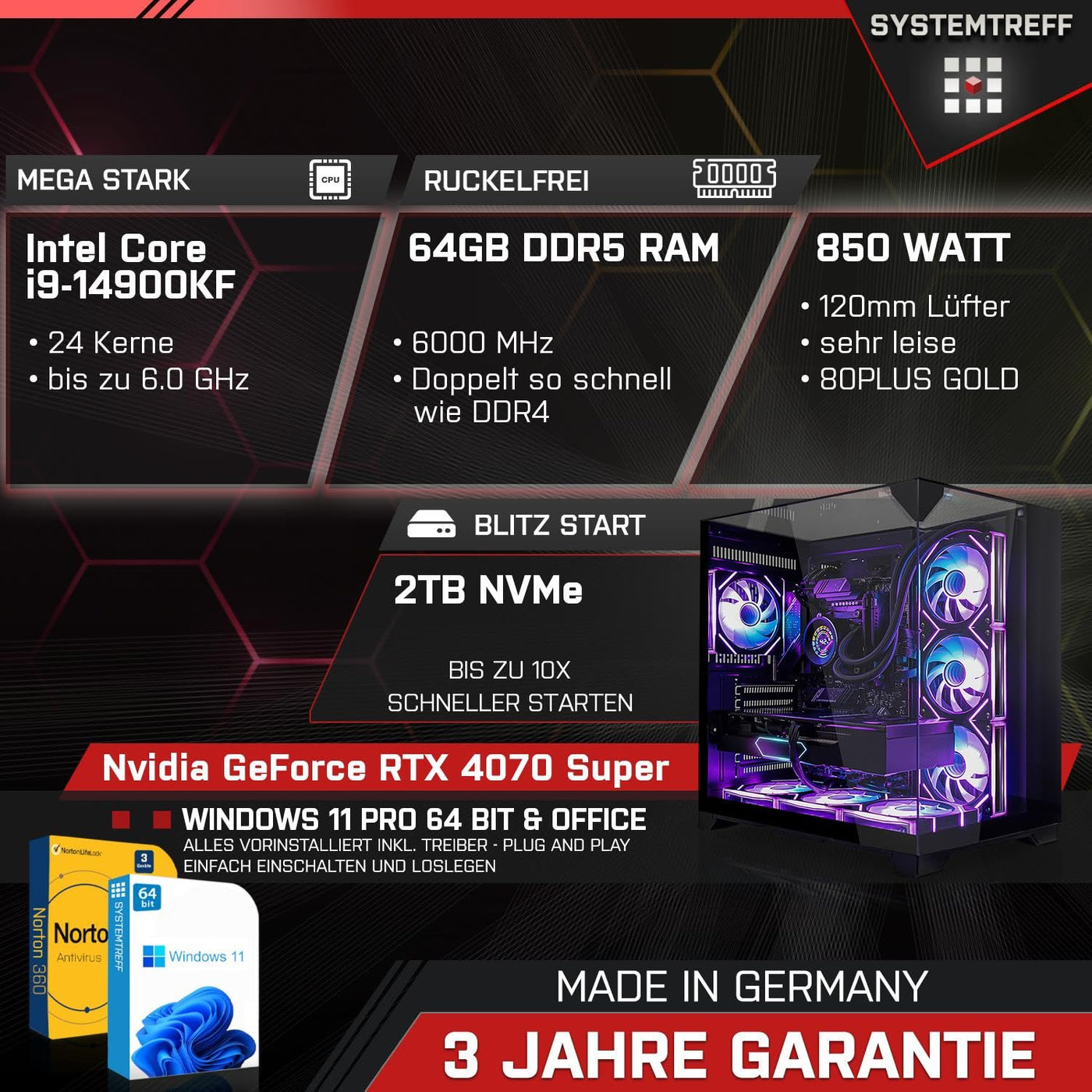 SYSTEMTREFF Gaming Komplett PC Set Intel Core i9-14900KF 24x6GHz | Nvidia RTX 4070 Super 12GB DX12 | 2TB M.2 NVMe | 64GB DDR5 RAM | WLAN Desktop Paket Computer für Gamer, Gaming