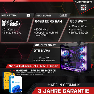 SYSTEMTREFF Gaming Komplett PC Set Intel Core i9-14900KF 24x6GHz | Nvidia RTX 4070 Super 12GB DX12 | 2TB M.2 NVMe | 64GB DDR5 RAM | WLAN Desktop Paket Computer für Gamer, Gaming