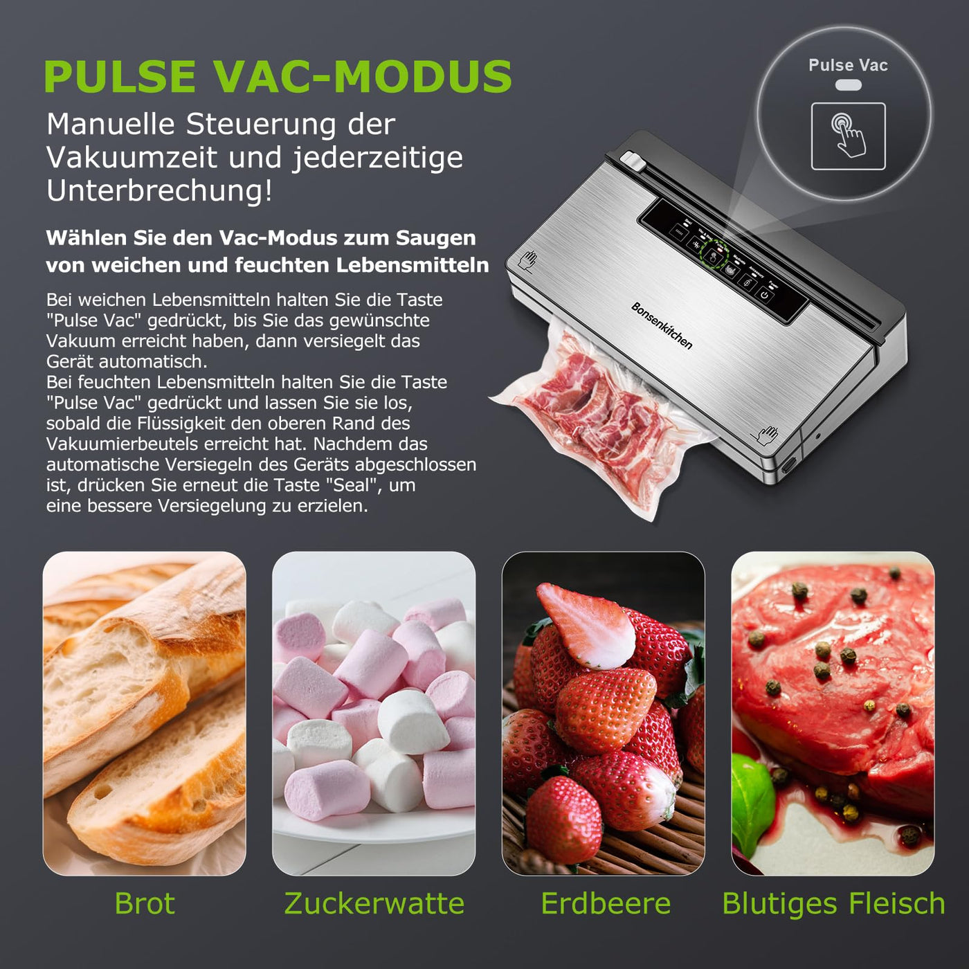 Bonsenkitchen Vakuumierer, Stark Vakuumiergerät mit 5 Modi, 8 L/Min, Globefish-Technologie für Kontinuierliches Arbeiten mit Hoher Geschwindigkeit, Enthält 100 Vakuumbeutel und 1 Rollbeutel