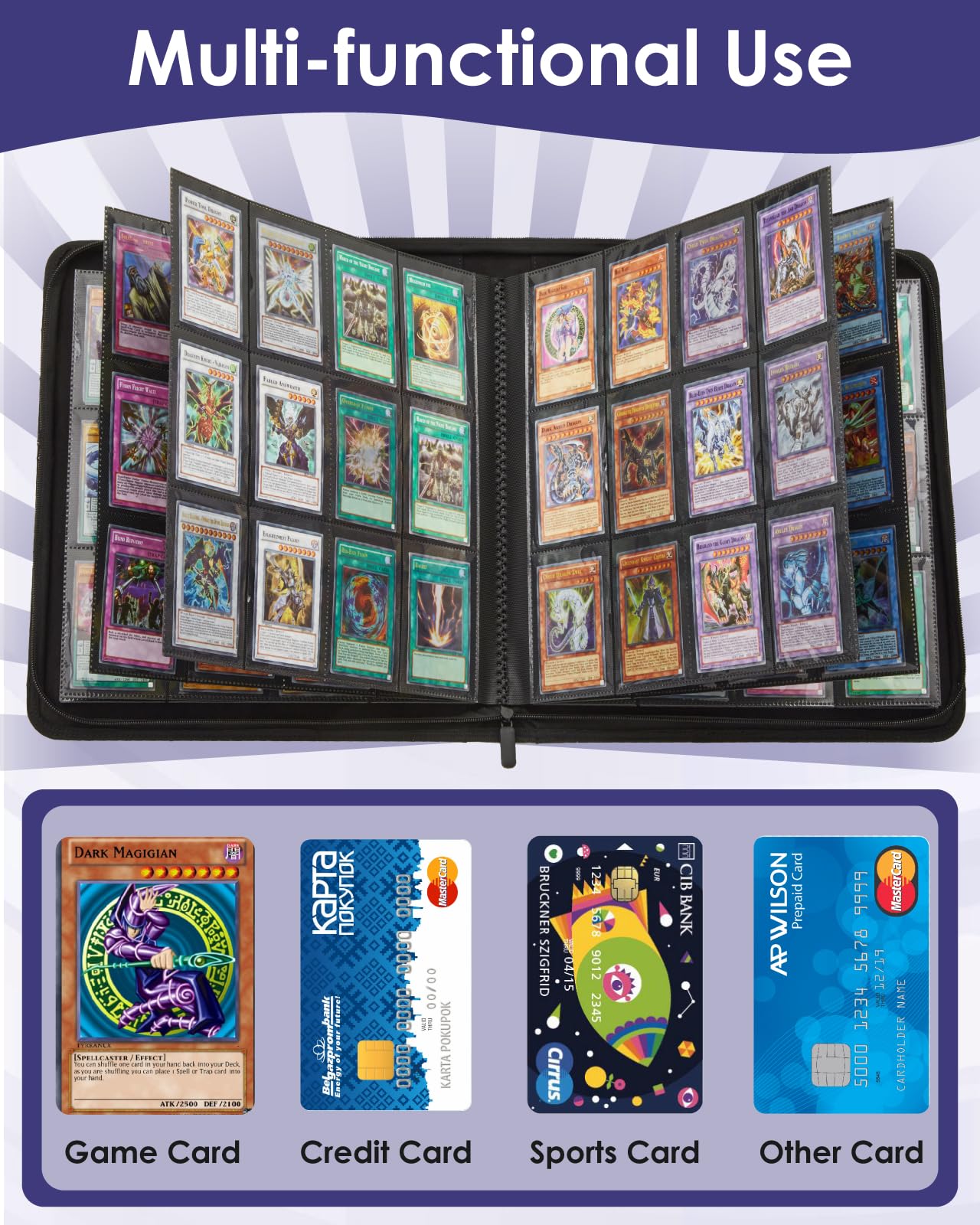 Lictin Sammelkarten Album, 12 Fächer Sammelkarten Hüllen, 576 Pockets Sammelalbum Karten, Sammelkarten Box mit Seitenöffnung, Karten Sammelmappe für Spielkarten zum sammeln und tauschen Schwarz