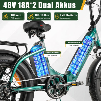 E Bike Klapprad 20 Zoll Elektrofahrräder，E-Faltrad Damen und Herren, 48V 18A*2 Doppelbatterien|250W Heckmotor & 25km/h, Hydraulische Bremse, Tiefeinsteiger E-City Bike/Falt-Pedelec für Erwachsene