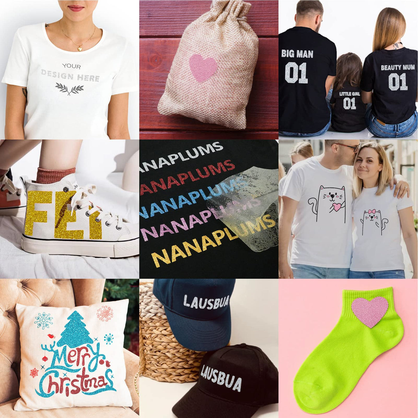 NANAPLUMS Glitzer Plotterfolie Textil - Heat Transfer Vinyl 30.5 cm*25.4 cm Transferfolie Plotter Flexfolie für Textilien Transferfolie zum Aufbügeln für DIY T-Shirt, Stoffe(10 Farben Glitzer)