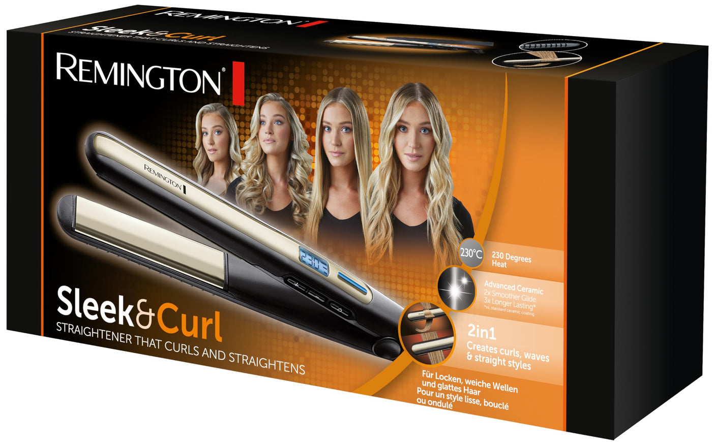 Remington Glätteisen Sleek & Curl (abgerundetes Design -ideal zum Glätten & Stylen von Locken und Wellen, hochwertige Ultra-Turmalin-Keramikbeschichtung) LCD-Display, 150-230°C, Haarglätter S6500