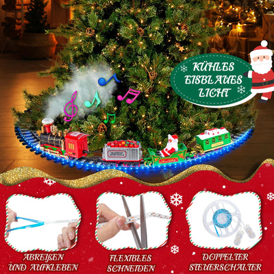 BuzzoXerex Eisenbahn Weihnachtsbaum Elektrisch, Zug Weihnachtsbaum, Weihnachtszug für Den Tannenbaum mit Blauer LED-Lichterkette, Eisenbahn Kinder Elektrisch mit Sound & Dampfeffekt
