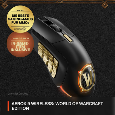 SteelSeries Aerox 9 Wireless - World of Warcraft Edition - kostenloses In-Game-Item - MMO-Gaming-Maus - 18 programmierbare Tasten - leichtes Gewicht -Bluetooth/2,4 GHz -18 Tsd. DPI TrueMove Air Sensor