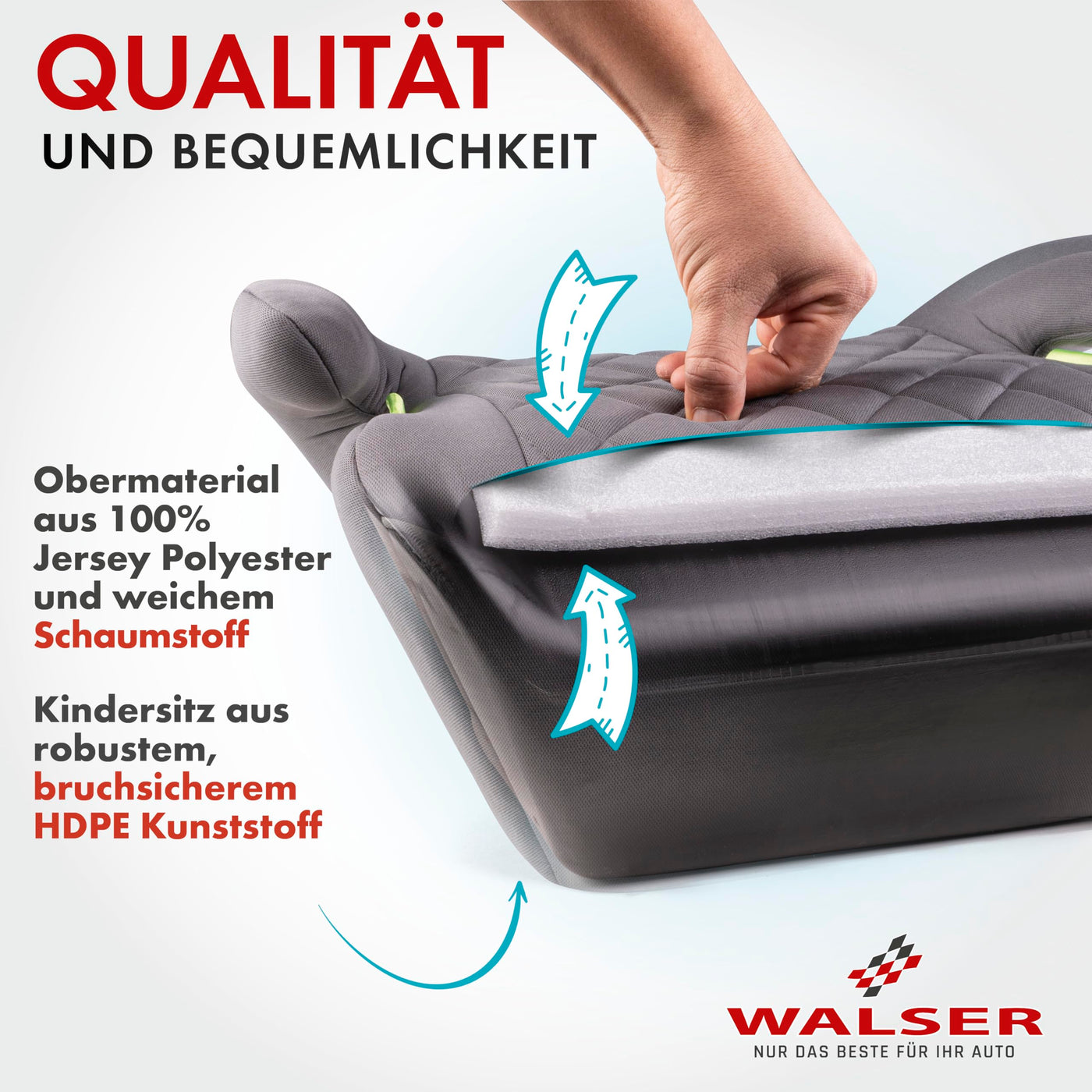 WALSER Premium Kinder Sitzerhöhung Auto, Qualitätssieger Sehr Gut* Kindersitz Auto 125-150 cm, Kindersitzerhöhung Auto Andy neueste Norm 2024 ECE R 129, Sitzerhöhung Auto Kindersitz schmal grau