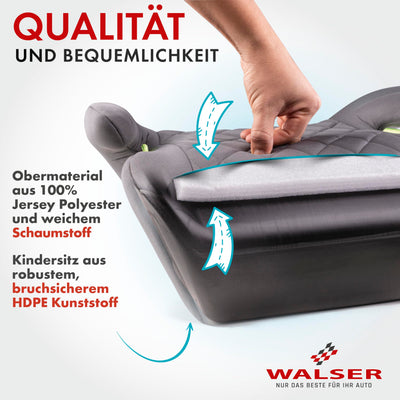 WALSER Premium Kinder Sitzerhöhung Auto, Qualitätssieger Sehr Gut* Kindersitz Auto 125-150 cm, Kindersitzerhöhung Auto Andy neueste Norm 2024 ECE R 129, Sitzerhöhung Auto Kindersitz schmal grau