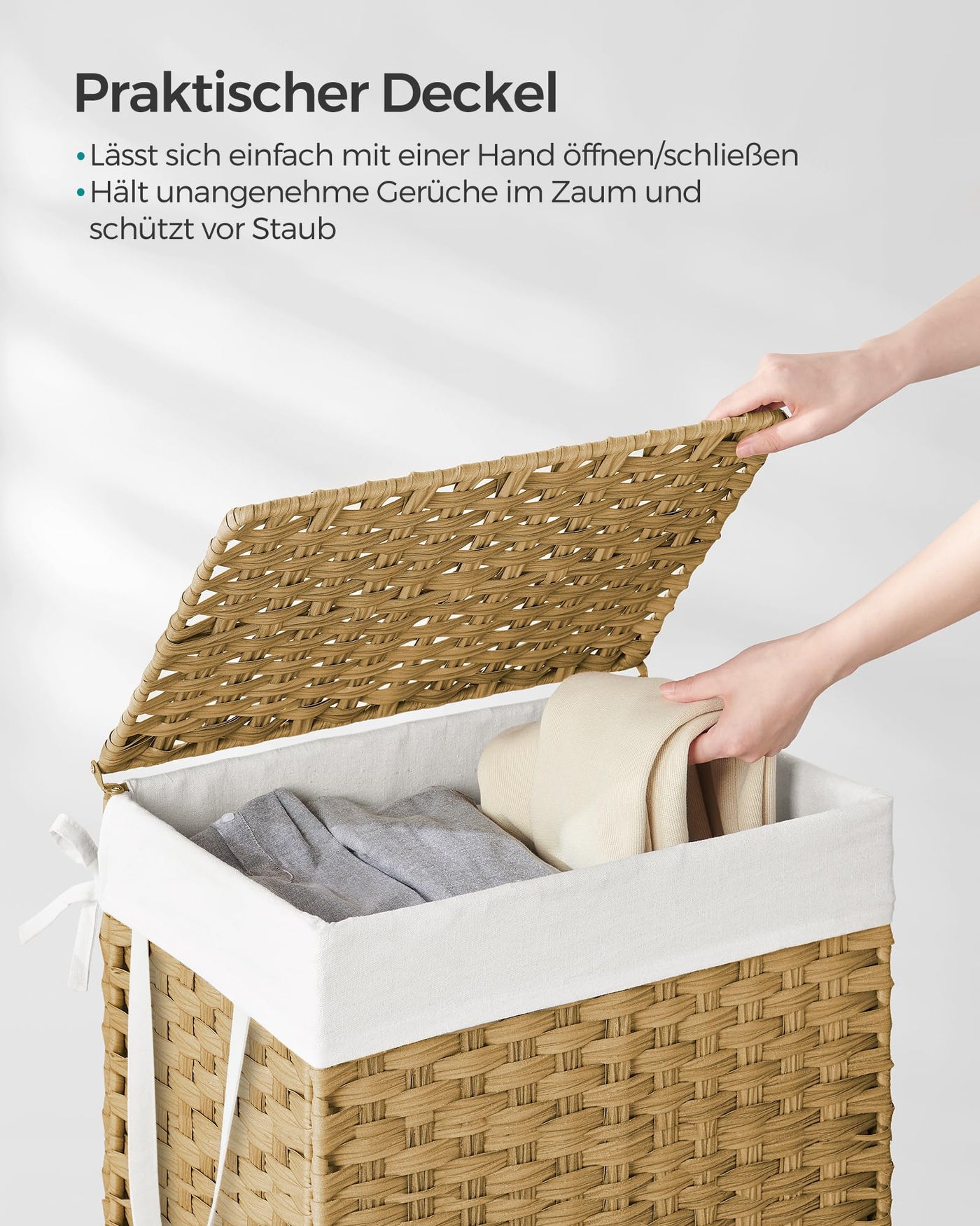SONGMICS Wäschekorb 90 Liter, handgeflochten, Wäschesammler aus synthetischem Rattan, mit Deckel und Griffen, faltbar, Wäschesack herausnehmbar, naturfarben LCB51NL