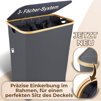 Luxpur® Wäschekorb XXL mit Deckel 3 Fächer Wäschesack Bambus Wäsche-Sortier-System Faltbare Wäschebox Wäschesammler Wäschetrenner Wäschetruhe Laundry Basket