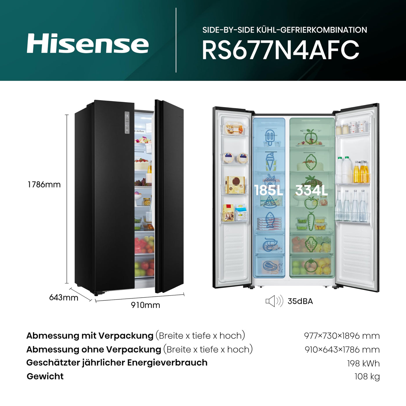 Hisense RS677N4AFC Side by Side Kühl – Gefrier - Kombination,179cm, 519 Liter Gesamtkapazität, EEK: C, LED Beleuchtung, Multi Air Flow, Inverter Kompressor, Touch Display, schwarz