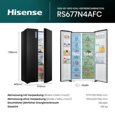 Hisense RS677N4AFC Side by Side Kühl – Gefrier - Kombination,179cm, 519 Liter Gesamtkapazität, EEK: C, LED Beleuchtung, Multi Air Flow, Inverter Kompressor, Touch Display, schwarz