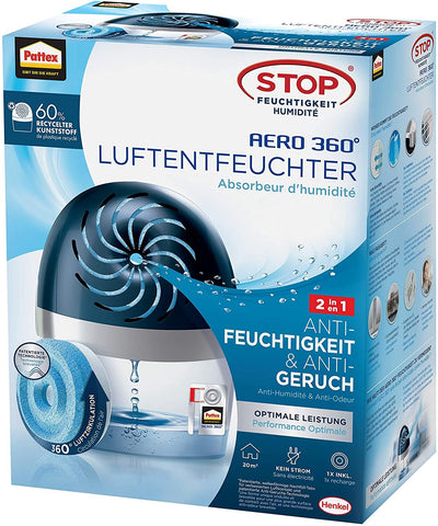 Pattex AERO 360º Luftentfeuchter, ultra-absorbierender Raumentfeuchter, hilft Kondenswasser, Schimmel- und Modergeruch zu vermeiden, nachfüllbarer Raumluftentfeuchter, 1 Gerät inkl. 1 Nachfülltab 450g