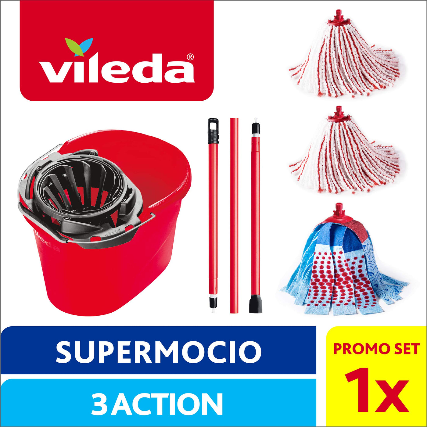 Vileda SuperMocio Box, Bodenreinigungssystem, Set mit Auswringer, 2 Mikrofaser- & Power-Flocken, 1 Schleife 3 Action, Griff 3 Stück, Rot