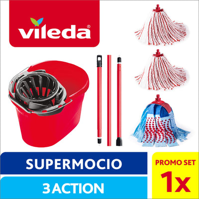Vileda SuperMocio Box, Bodenreinigungssystem, Set mit Auswringer, 2 Mikrofaser- & Power-Flocken, 1 Schleife 3 Action, Griff 3 Stück, Rot