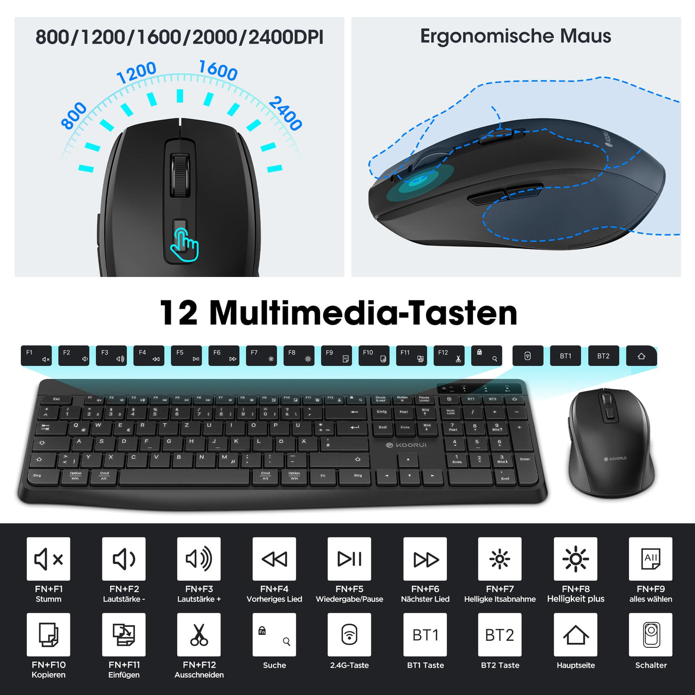 KOORUI Tastatur und Maus Kabellos, Wiederaufladbar Leise Maus Tastatur Set Deutsches Layout QWERTZ mit 12 Funktionstasten 2.4 GHz Tastatur Maus Set für Windows, MacOS, Linux -Schwarz