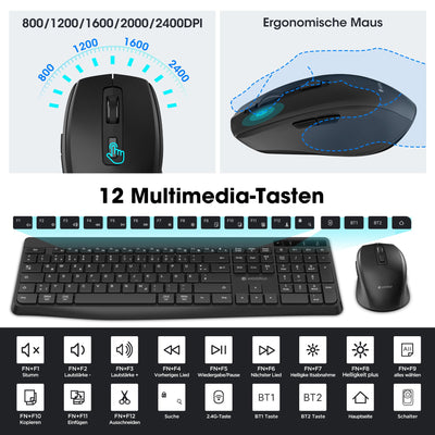 KOORUI Tastatur und Maus Kabellos, Wiederaufladbar Leise Maus Tastatur Set Deutsches Layout QWERTZ mit 12 Funktionstasten 2.4 GHz Tastatur Maus Set für Windows, MacOS, Linux -Schwarz