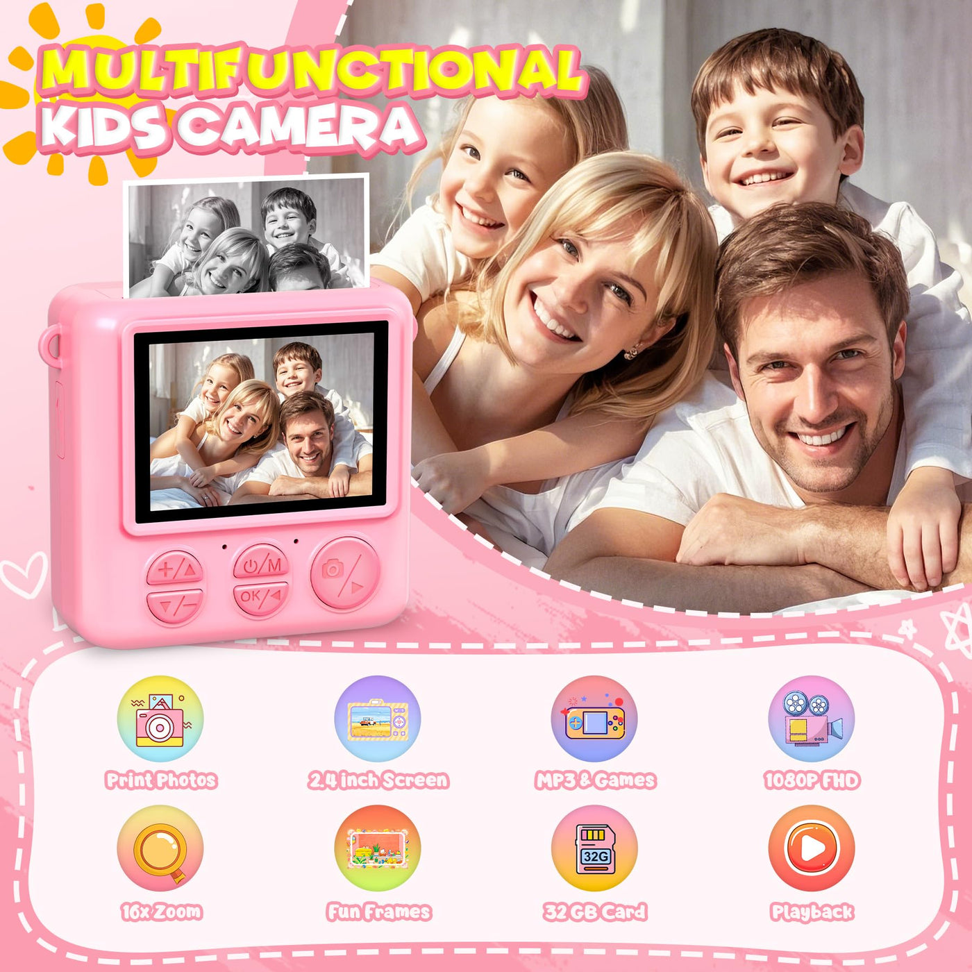 LUVTOY Sofortbildkamera Kinderkamera – 1080P 2,4 Zoll Bildschirm Kinderkamera Mit 32GB Karte & Druckpapier, Kinder Kamera Weihnachten Geschenk Für Jungen Mädchen 3-12 Jahren-Rosa
