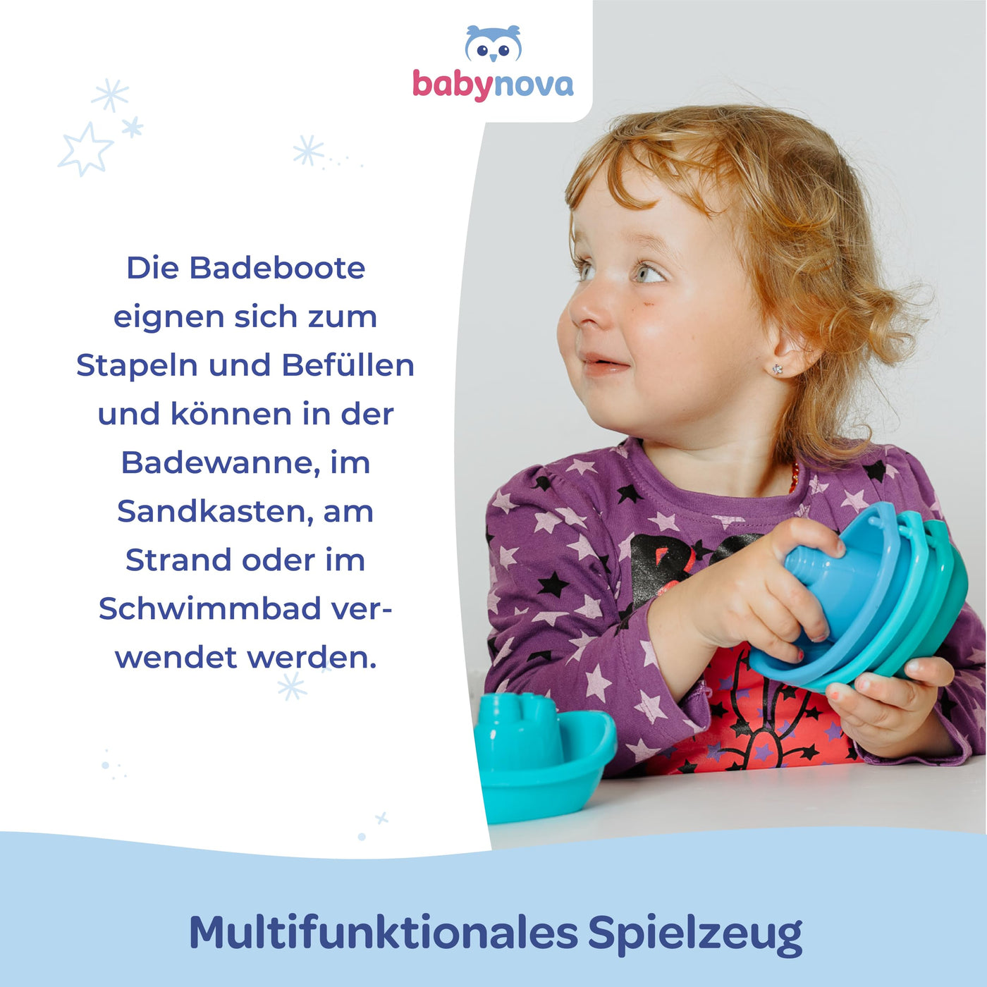 babynova Badeboote – Pädagogisches Baby- und Kleinkindspielzeug – Ab 3 Monaten – 3-teiliges Set – Entwicklung von Motorik und Koordination – Geeignet für Badewanne und Sandkasten – Rot, Gelb, Orange