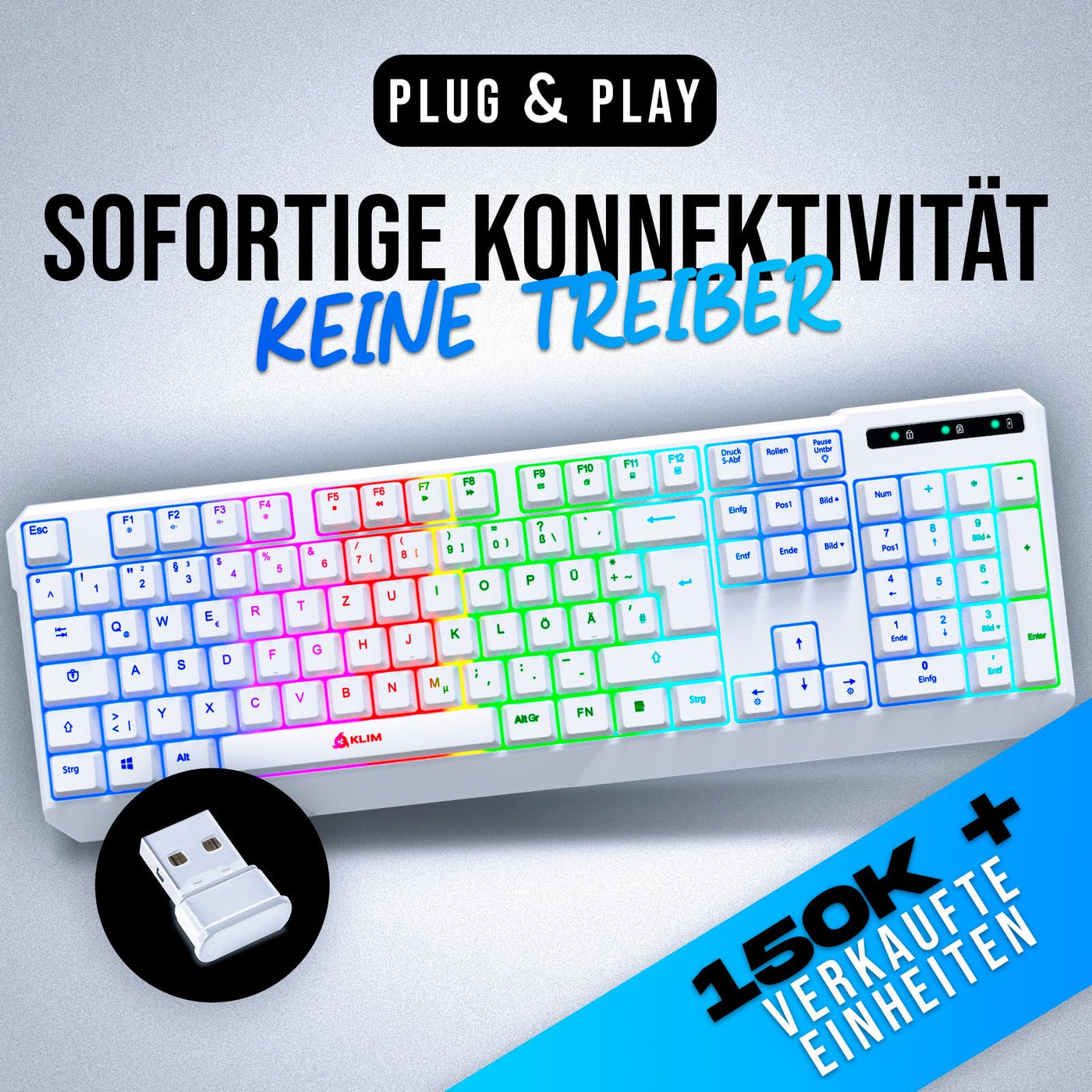 KLIM Chroma Wireless Gaming Tastatur Kabellos QWERTZ DEUTSCH - NEU 2024 - Langlebig, Ergonomisch, Wasserdicht, Leise - RGB Kabellose Tastatur Gaming für PC PS4 PS5 Mac - Weiß