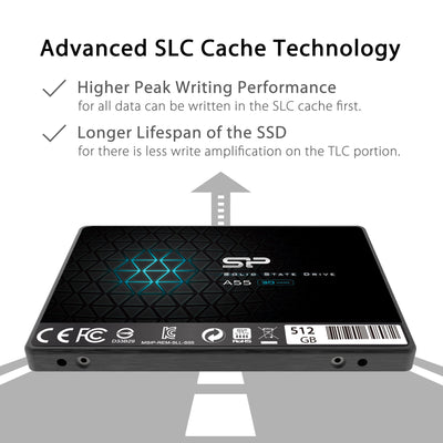 Silicon Power SSD 512GB 3D NAND A55 SLC Cache Performance Boost 2,5 Zoll SATA III 7mm (0,28") Interne SSD, Festkörper-Laufwerk
