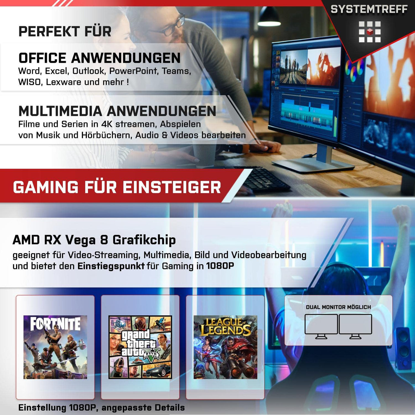 SYSTEMTREFF Basic Gaming PC AMD Ryzen 7 5700G 8x4.6GHz | AMD Radeon RX Vega 8 4K HDMI DX12 | 1TB M.2 NVMe + 1TB HDD | 16GB DDR4 RAM | WLAN Desktop Computer Rechner für Gamer, Zocker, Windows 11 Pro