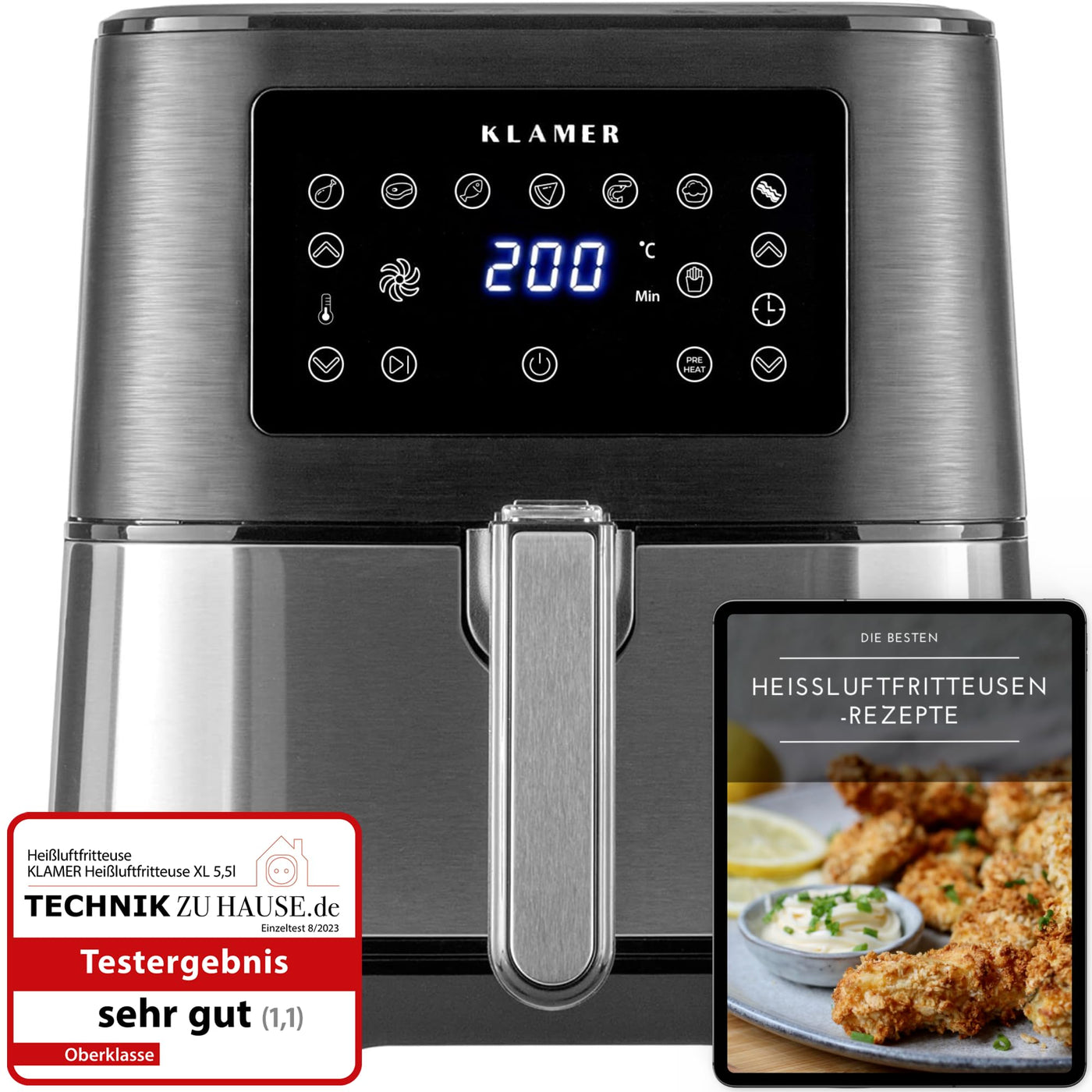 KLAMER Heißluftfritteuse 5,5l XXL, ölfreie Friteuse, 1700W Airfryer mit LED-Touchscreen, digitalem deutschen Rezeptbuch, multifunktionale Mini-Heissluftfrittuese ohne Öl