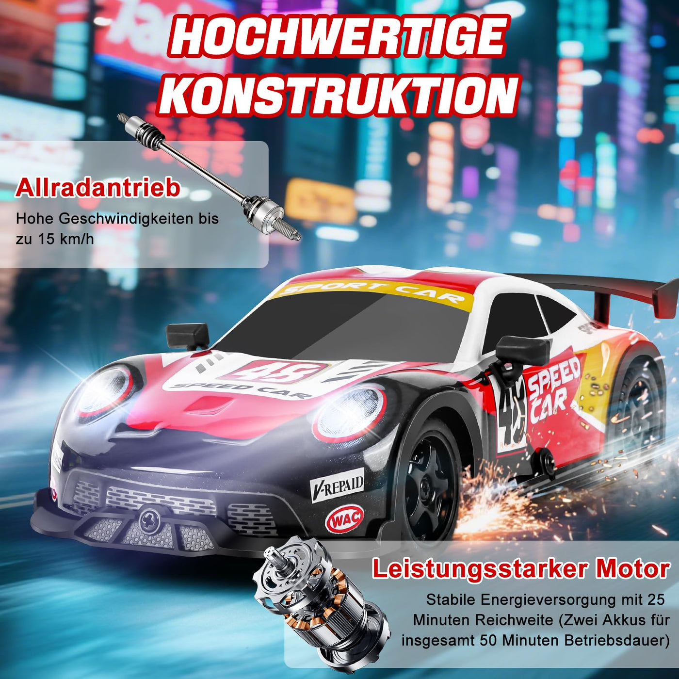 BuzzoXerex RC Drift Car, 1:22 Drift Auto Ferngesteuert, 4WD Mini RC Car, Tabletop Drift Ferngesteuertes Auto mit LED-Leuchten, 15km/h, Spielzeugauto mit Spielzeugauto für Kinder ab 6 Jahre (Rot)