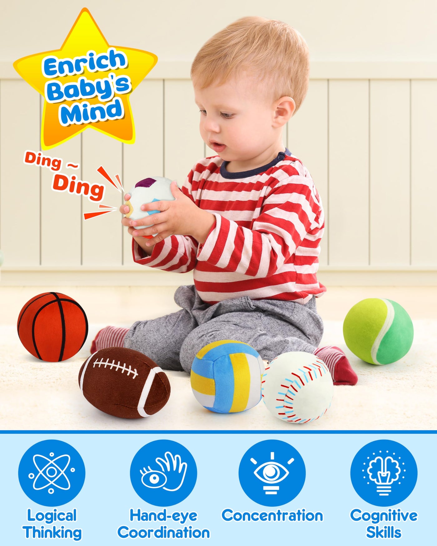 Vanmor Sensory Sports Balls für Kleinkinder, Babyspielzeug mit Reisetasche, Frühes Lernspielzeug für Babys ab 12 Monaten. Perfekt für die Sensorische Entwicklung, Tolles Geschenk für die Kleinen