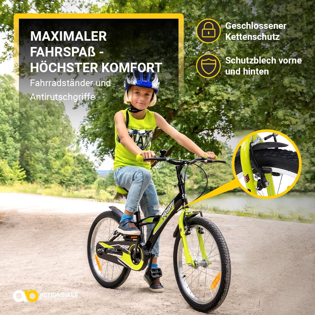 Actionbikes Kinderfahrrad Wasp - 1 Gang - ohne Schaltung - Fahrrad 20 Zoll für Jungen und Mädchen - Von 6-9 Jahren - V-Brakes vorne und hinten - Trapez-Rahmen - Kettenschutz (Schwarz Grün)