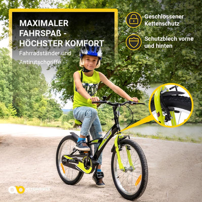 Actionbikes Kinderfahrrad Wasp - 1 Gang - ohne Schaltung - Fahrrad 20 Zoll für Jungen und Mädchen - Von 6-9 Jahren - V-Brakes vorne und hinten - Trapez-Rahmen - Kettenschutz (Schwarz Grün)