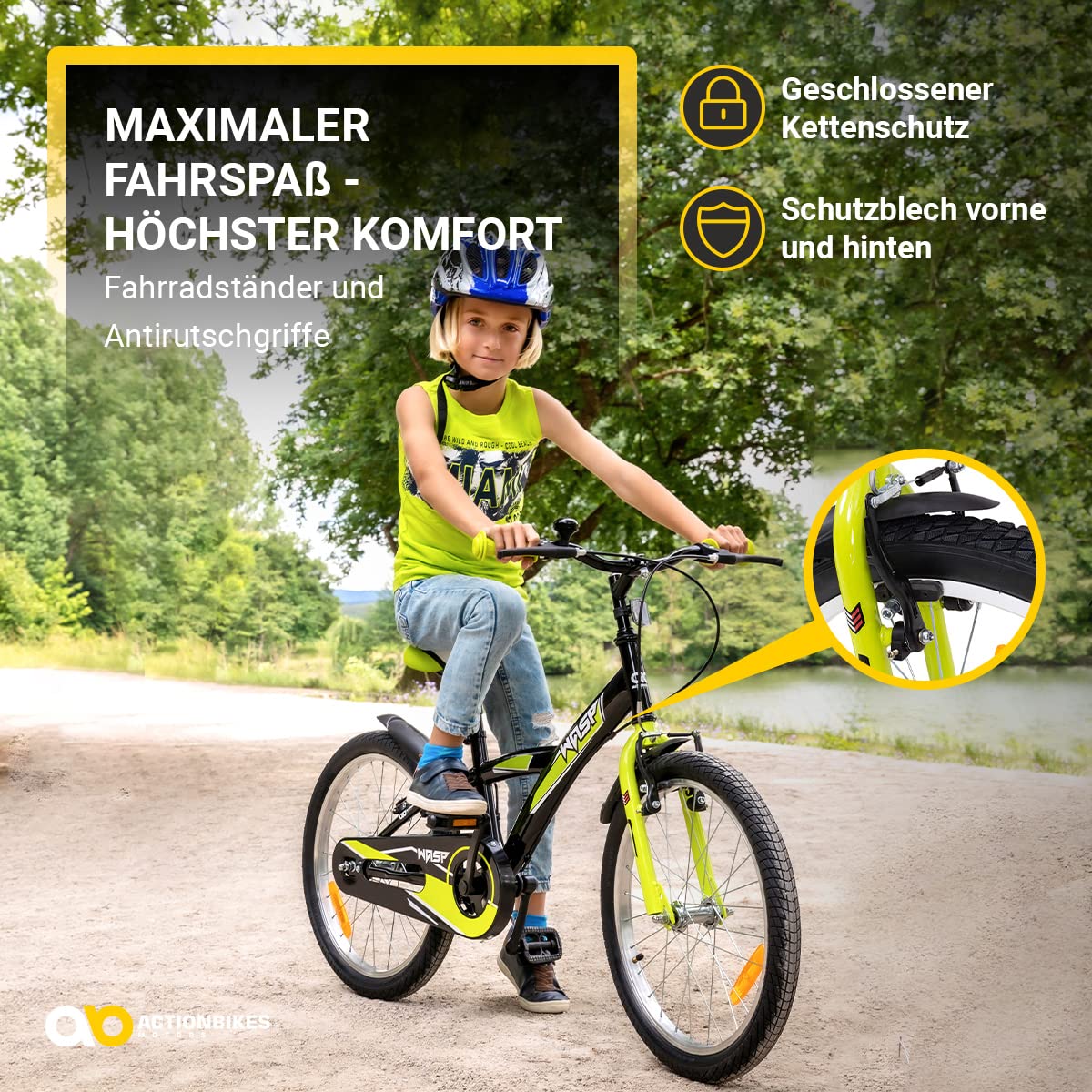 Actionbikes Kinderfahrrad Wasp - 1 Gang - ohne Schaltung - Fahrrad 20 Zoll für Jungen und Mädchen - Von 6-9 Jahren - V-Brakes vorne und hinten - Trapez-Rahmen - Kettenschutz (Schwarz Grün)