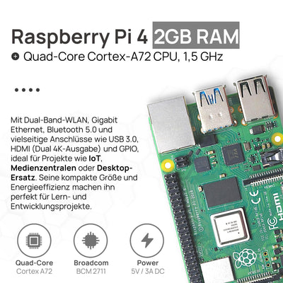 Raspberry Pi 4 2GB Starter-Kit | USB-C Netzteil 15W | Gehäuse | 64GB SD Karte | 4k Micro HDMI Kabel | Kühlkörper Set