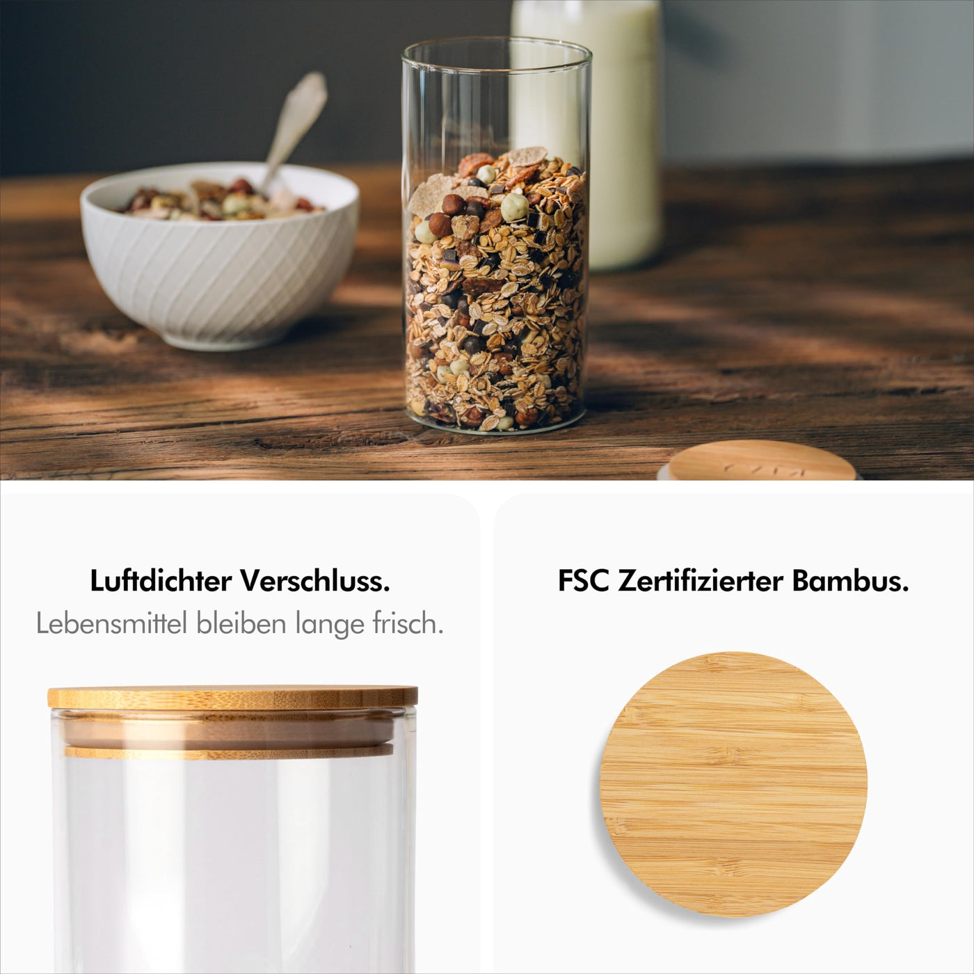 KIVY Vorratsgläser mit Deckel Luftdicht - 4 x 1200ml - Vorratsdosen Glas mit Deckel - Vorratsdosen mit Deckel luftdicht Glas - Vorratsglas mit Deckel - Vorratsbehälter Glas Aufbewahrung Holzdeckel