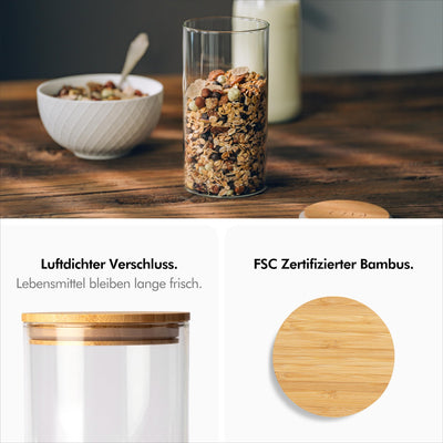 KIVY Vorratsgläser mit Deckel Luftdicht - 4 x 1200ml - Vorratsdosen Glas mit Deckel - Vorratsdosen mit Deckel luftdicht Glas - Vorratsglas mit Deckel - Vorratsbehälter Glas Aufbewahrung Holzdeckel
