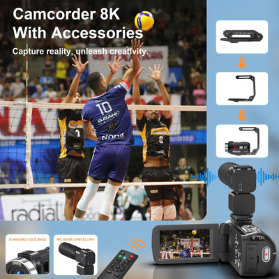 Videokamera 8K Camcorder 64MP WiFi Vlogging Kamera mit IR Nachtsicht für YouTube, 3-Zoll-Touchscreen, 18X Digitalzoom Webcam Camera mit Mikrofon,Stabilisator,Fernbedienung, 64GB SD Karte und 2 Akkus