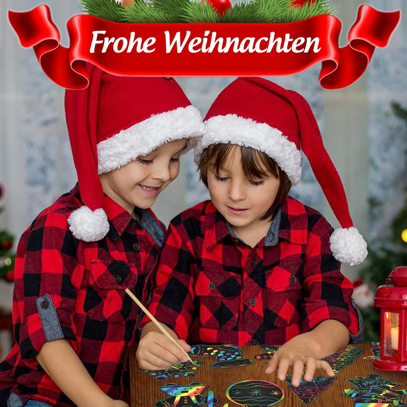 48 Stück Weihnachten Kratzbilder für Kinder, Regenbogen Scratch Art Set Kratzpapier zum Basteln, Scratch Paper mit 8 Holzstiften 48 Bändern Für Weihnachtsdeko, Adventskalender Füllung Für Kinder