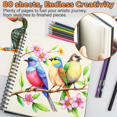 2 Stück A5 Skizzenbuch,100 g/m² Zeichenblöcke mit Spiralbindung-160 Blatt /320 Seiten-Skizzenbücher mit festem Einband-Professionnelle Zeichenbuch für Kinder & Erwachsene, Ideal für Skizzen