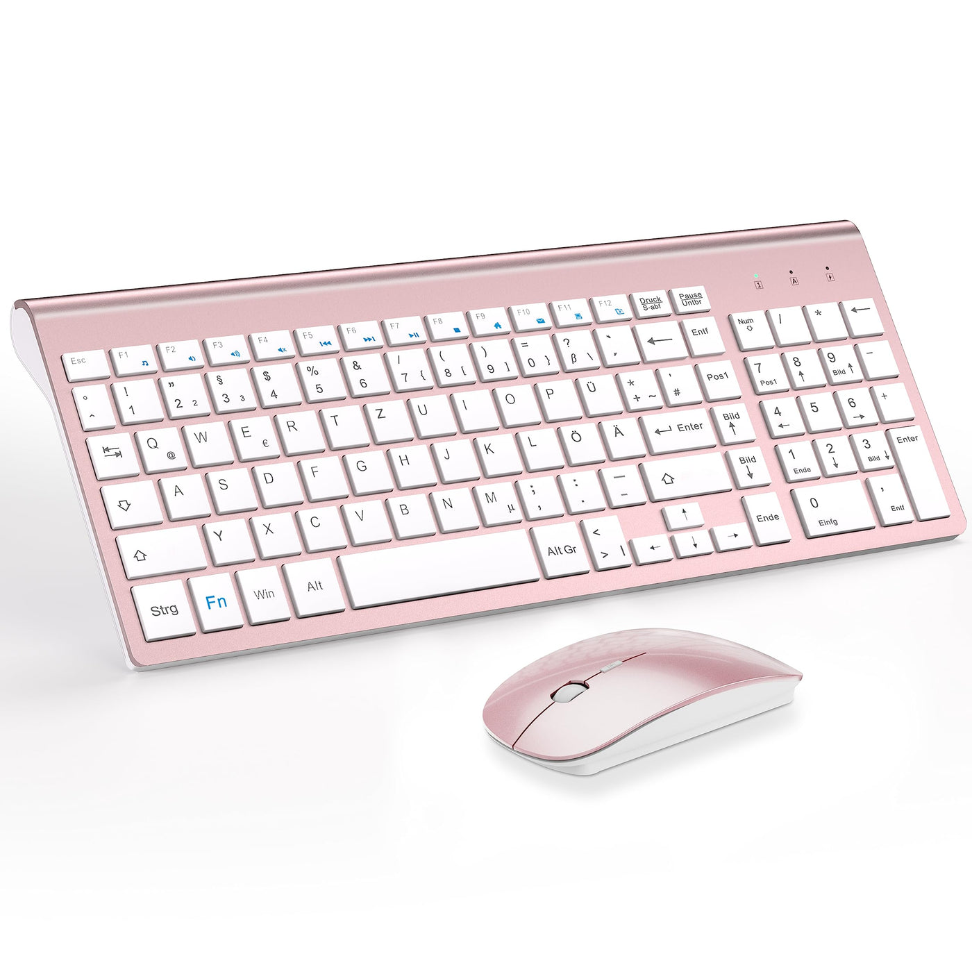 Tastatur Maus Set Ultra Slim, TopMate 2,4G Stille Compact USB 2400DPI Maus und Schissschalter Tastatur mit Abdeckung, mit 2 AA & 2 AAA Batterien für PC/Laptop/Windows/Mac-Rose Gold Weiß