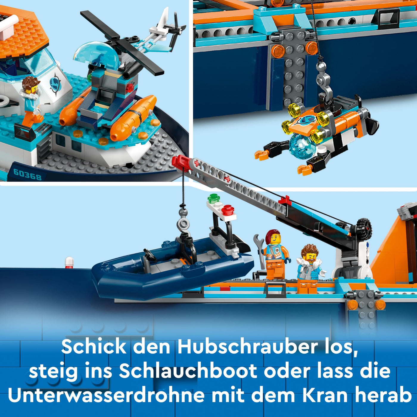 LEGO City Arktis-Forschungsschiff, großes schwimmfähiges Spielzeug-Boot mit Hubschrauber, Beiboot, ROV-U-Boot, Wikingerschiffswrack, 7 Minifiguren & Orca-Figur, Geschenk für Kinder ab 7 Jahren 60368