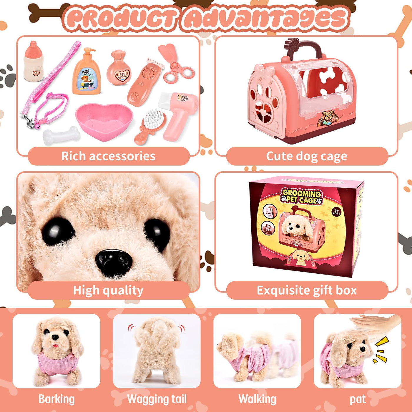 Herefun Hund Spielzeug Kinder, Elektrisch Plüsch Hund, Interaktives der läuft bellt Schwanzwedelt, Haustier Hundespielzeug Elektrisches, Kuscheltier mit Leine Hundekäfig Geschenk Mädchen ab 3 Jahren