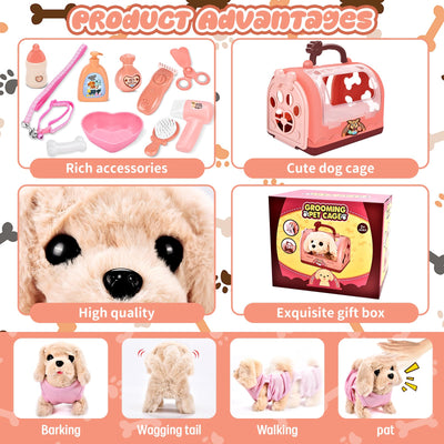 Herefun Hund Spielzeug Kinder, Elektrisch Plüsch Hund, Interaktives der läuft bellt Schwanzwedelt, Haustier Hundespielzeug Elektrisches, Kuscheltier mit Leine Hundekäfig Geschenk Mädchen ab 3 Jahren