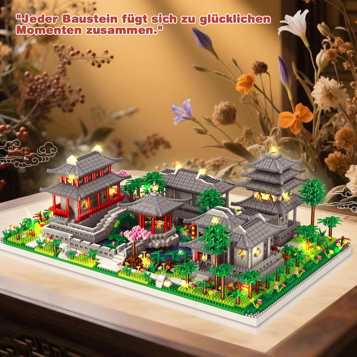 Suzhou Garden Baumhaus Bauklötze Kit, 3930 Teile Chinesische Architecture Suzhou Bauspielzeugsets mit Lichterkette, Suzhou Garden Haus Deko Modell, Klemmbausteine Building Blocks für Erwachsene Kinder