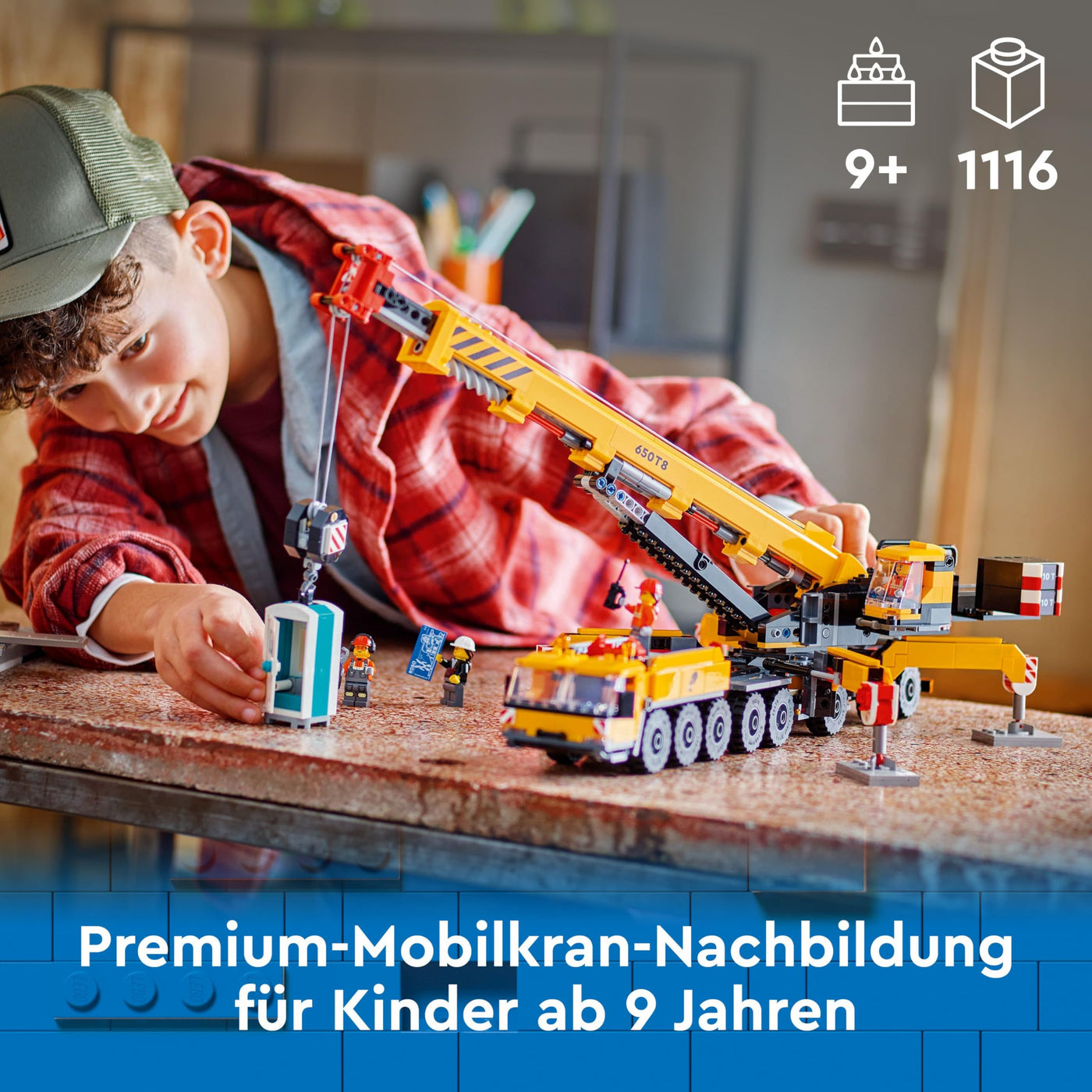 LEGO City Mobiler Baukran, Bauspielzeug für Jungen und Mädchen, Geschenk für kreative Kinder, ausfahrbarer Langer Ausleger, 4 Bauarbeiter-Minifiguren für Rollenspiele 60409