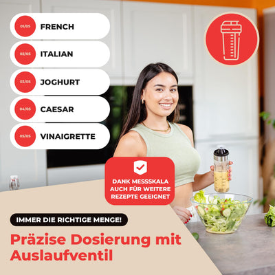 LALOB® Dressing-Shaker – spülmaschinenfest – fünf Rezepte in 175ml und 350ml – auslaufsicher Behälter – Salatsoßen-Schüttelbecher