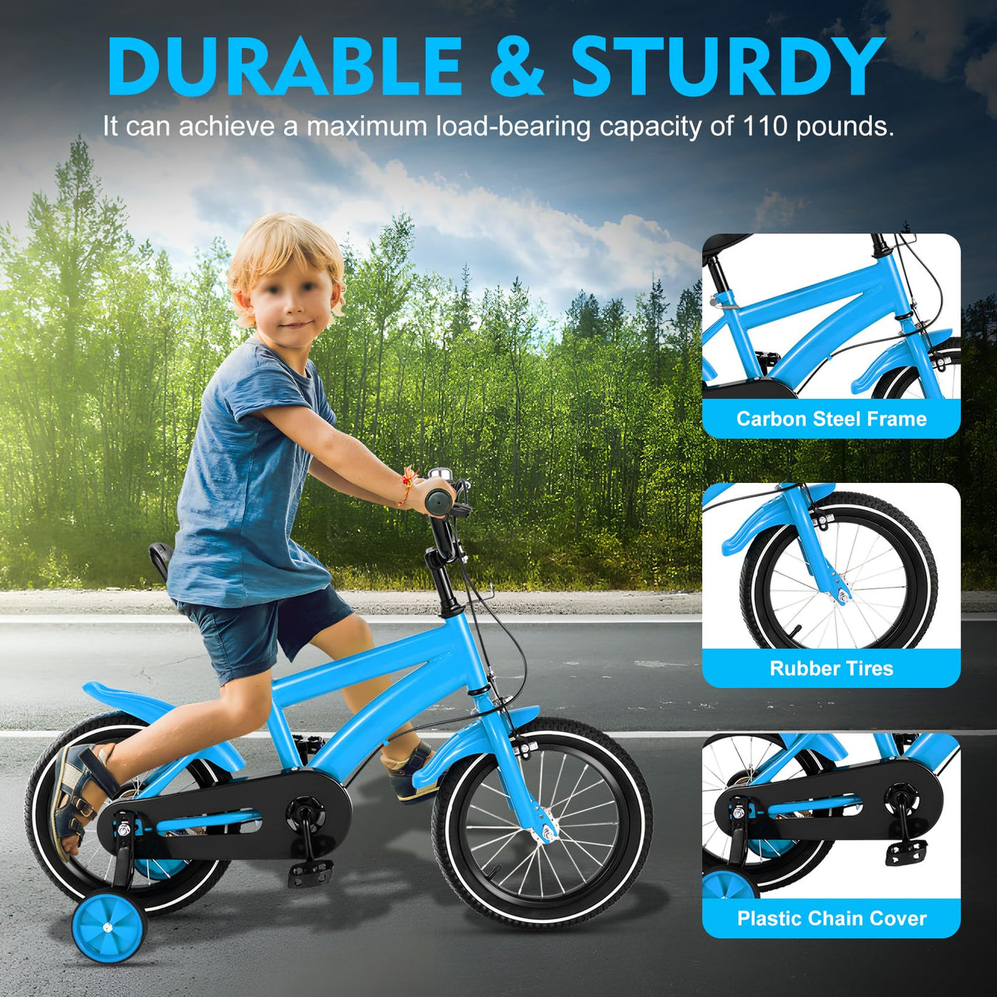 14" Kinderfahrrad Jungen MäDchen Lauflernrad HöHenverstellbare Kinder Freestyle Jungenfahrrad Stil Unisex Kinderrad Rad Mountainbike Bike Mit Hilfsrad+Chutzblech+Klingel Bis TragfäHigkeit 50Kg (Blau)