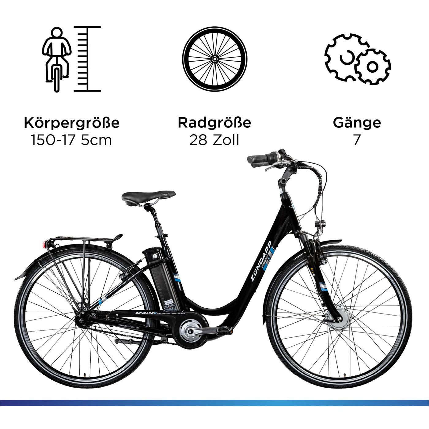 ZÜNDAPP E Bike City 28 Zoll | Elektro Fahrrad für 150-175 cm | 7 Gang Ebike Vorderrad Motor | E-Bike Elektrofahrrad mit Beleuchtung | Retro Hollandrad Green 3.7 (schwarz/blau, 48 cm)
