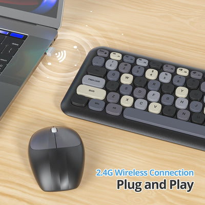 SOLIDEE Buntes kabellose Tastatur und Maus-Kombination,2.4GHz Retro Schreibmaschine Tastatur,104 Tasten in voller mit Ziffernblock,Leise membran Tastatur(Amerikanisch QWERTY)(Black Grey)